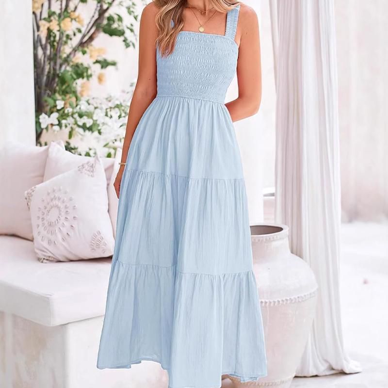 Casual Dress Bohemian Sleeveless Strapless Long Skirt Pleated Layered Summer Dress