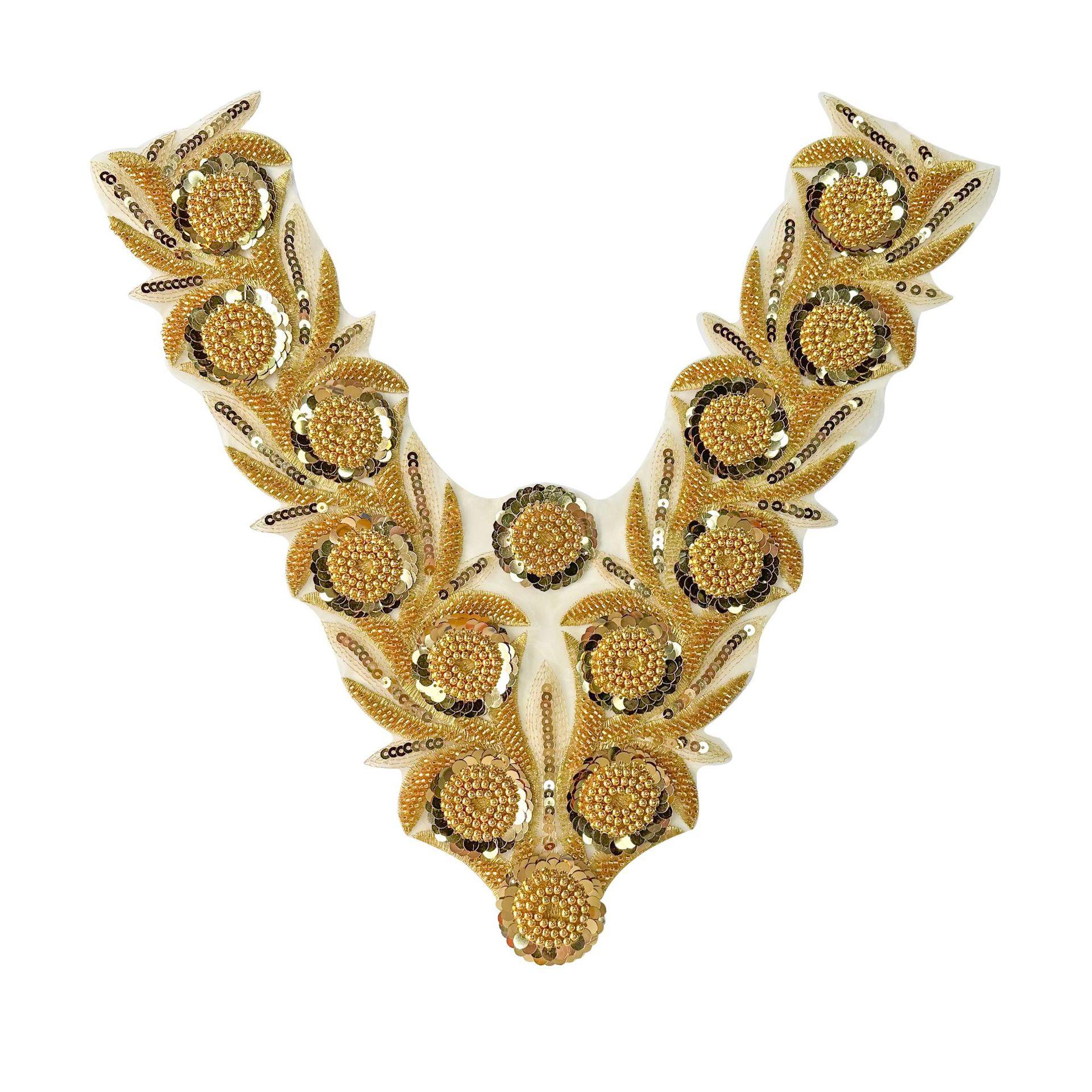 

Тяжелая промышленность Роскошный Ручной работы Расшитый V-образный вырез Декаль Одежда Платье Свадебное Платье для выступления Декоративная Передняя Шейная Тканевая Наклейка Аксессуары H8103 Gold