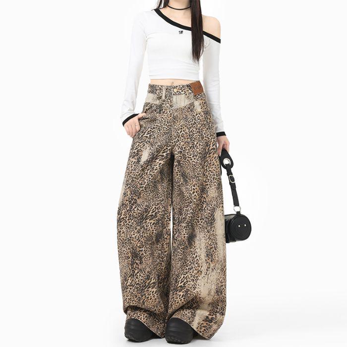 Women s Retro Leopard Print Wide Leg Jeans - 2025 Autumn Collection Extra Small