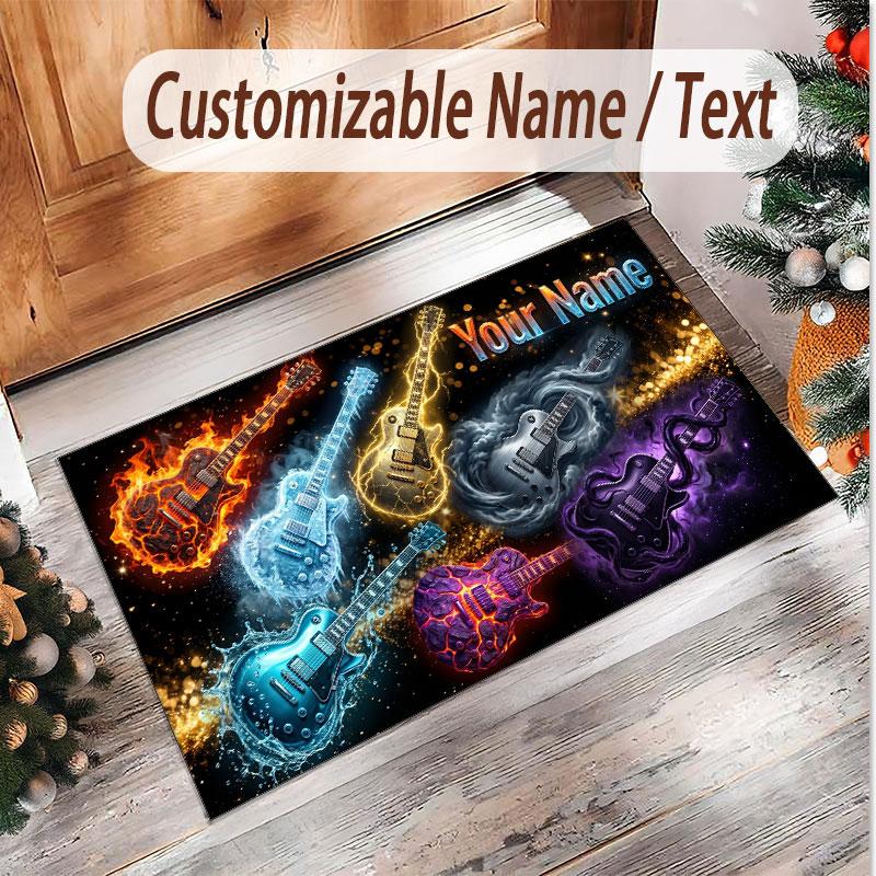 Music Guitar Theme Soft Crystal Velvet Rug Custom Name & Text Print Non Slip Floor Rug for Bedroom Living Room