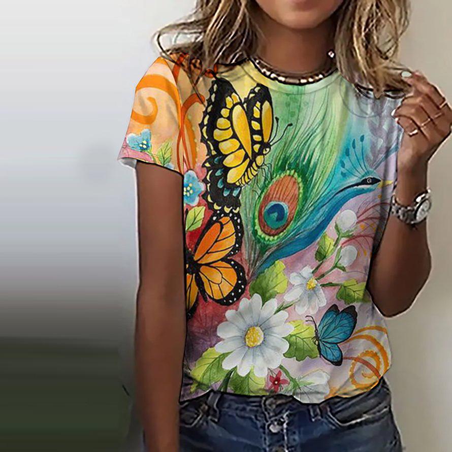 Summer Round Neck 3D Feather Animal Simplicity Print Top Fashionable Casual Short Sleeved Women's T-shirts
