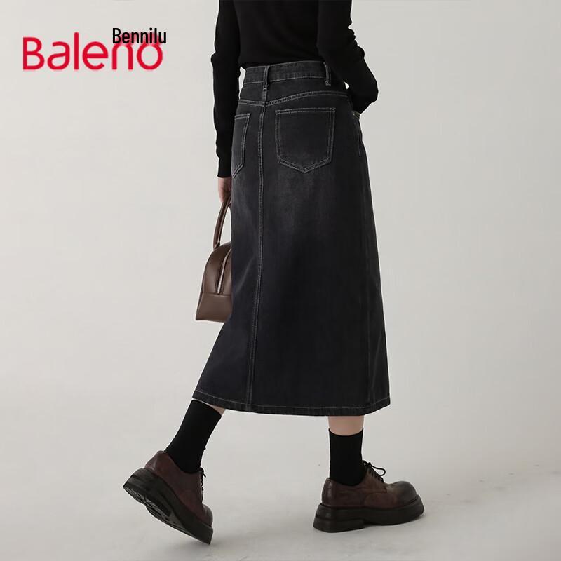 Baleno Women s High Waist A-Line Front Slit Denim Midi Skirt L