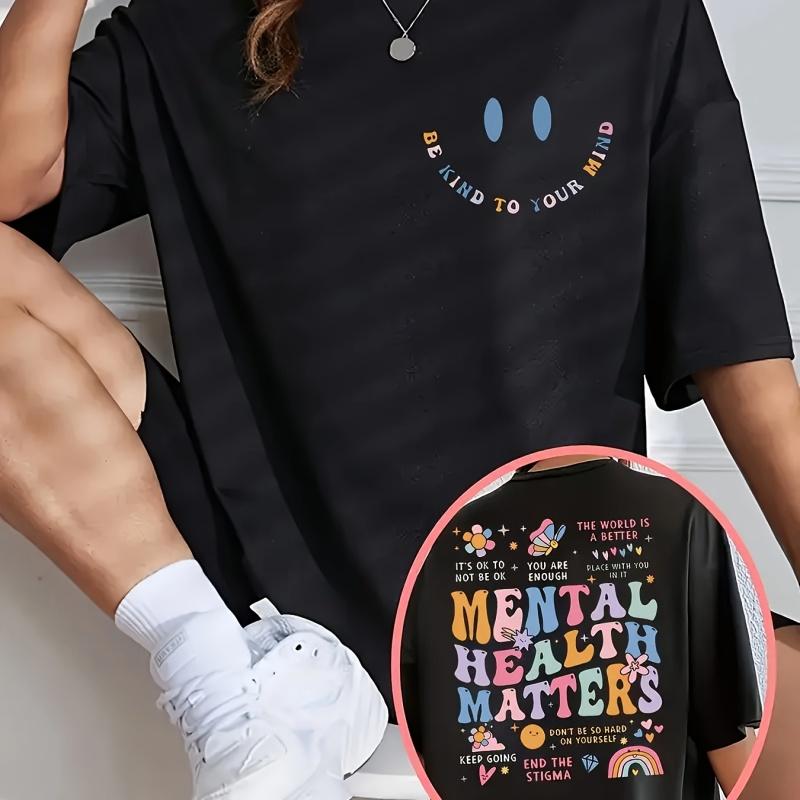 Camiseta Feminina Colorida com Estampa de Letras Oversized com Estampa de Rosto Sorridente Top Casual de Unisexga Curta com Decote Redondo