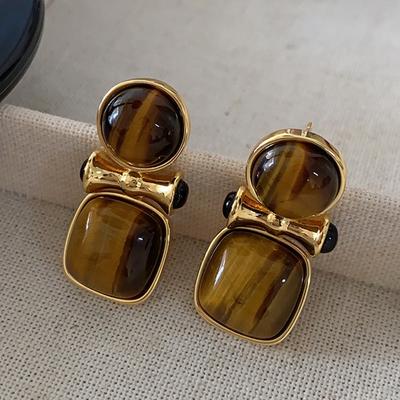 Orecchini in Pietra Naturale Occhio di Tigre, da Donna Colore Caffè, Squisiti Piccoli Orecchini, Orecchini di Alta Gamma, Orecchini Retrò di Lusso Leggero.