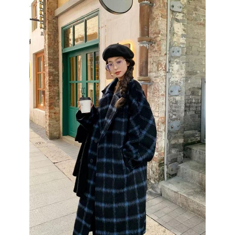 Elegantní dlouhý kostkovaný vlněný kabát dámský zimní tlustý teplý ke kolenům kabát módní vysoce kvalitní tvídová bunda