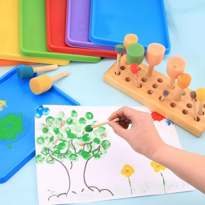 4PCS/Set Drawing Toys Yellow Sponge Paint Brush Wooden Handle Painting Graffiti Kids DIY Doodle Toys