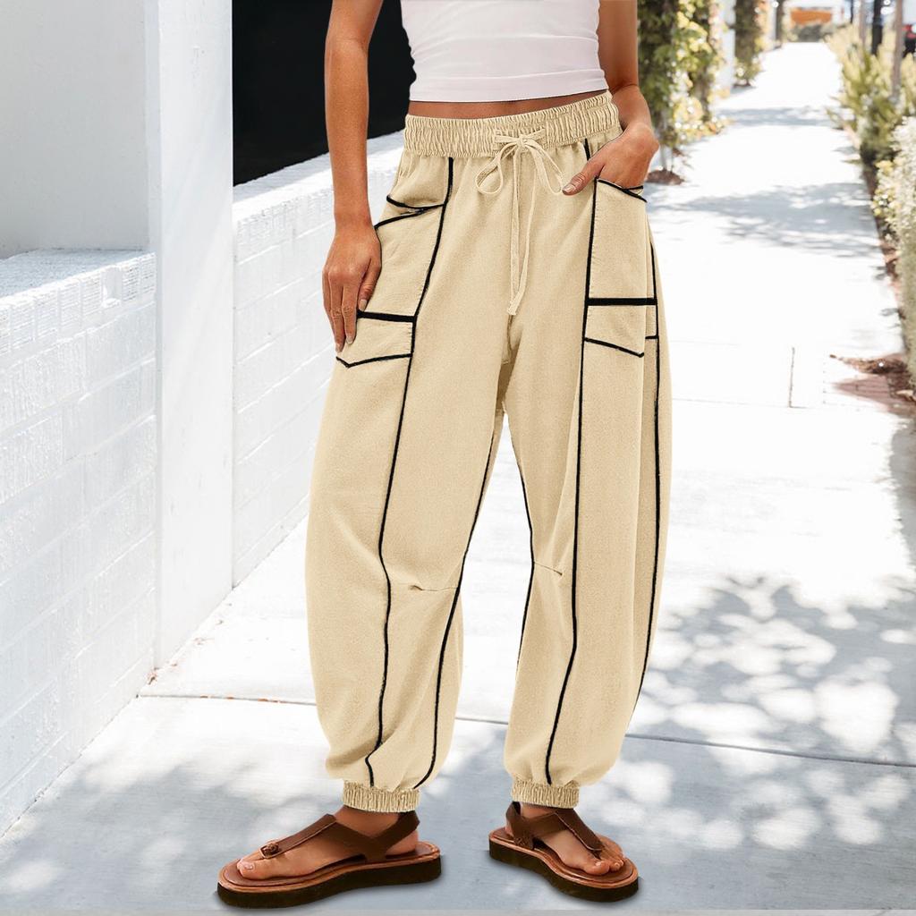 Women's Sanitary Pants, Wide Leg Pants, High Waist, Leg Cinching, Patchwork Pockets, Casual Pants