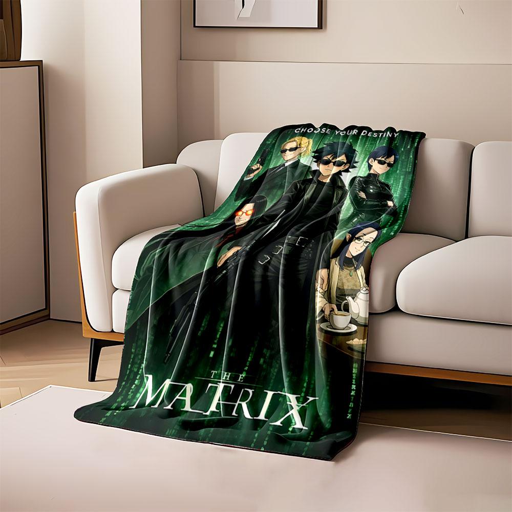 

Stylized characters in dark attire with green digital symbols as backdrop. for all seasons blanket lunch break throw gift 80cm x 120cm