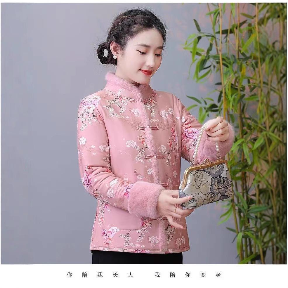 

Зимний бархатный новый жаккардовый пуховик с пряжкой, пуховик из национального хлопка, пуховик в китайском ретро-стиле, пуховик 5XL-135-75 kg розовый