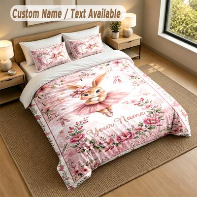 Conjunto de Roupa de Cama Temático Coelho da Páscoa Personalizado 3 Peças Texto e Nome Personalizados 1 Lençol 2 Fronhas Roupa de Cama Doméstica 1 Peça