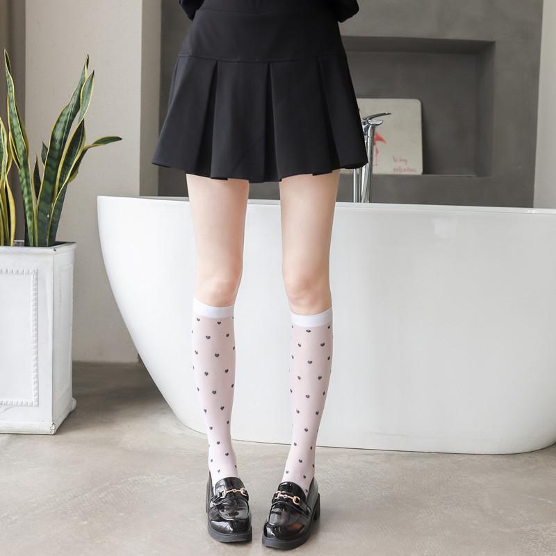 Love Heart Mid-Calf Socks - White & Black Trendy JK Style, Sheer Flesh-Colored with Peach Heart Design.