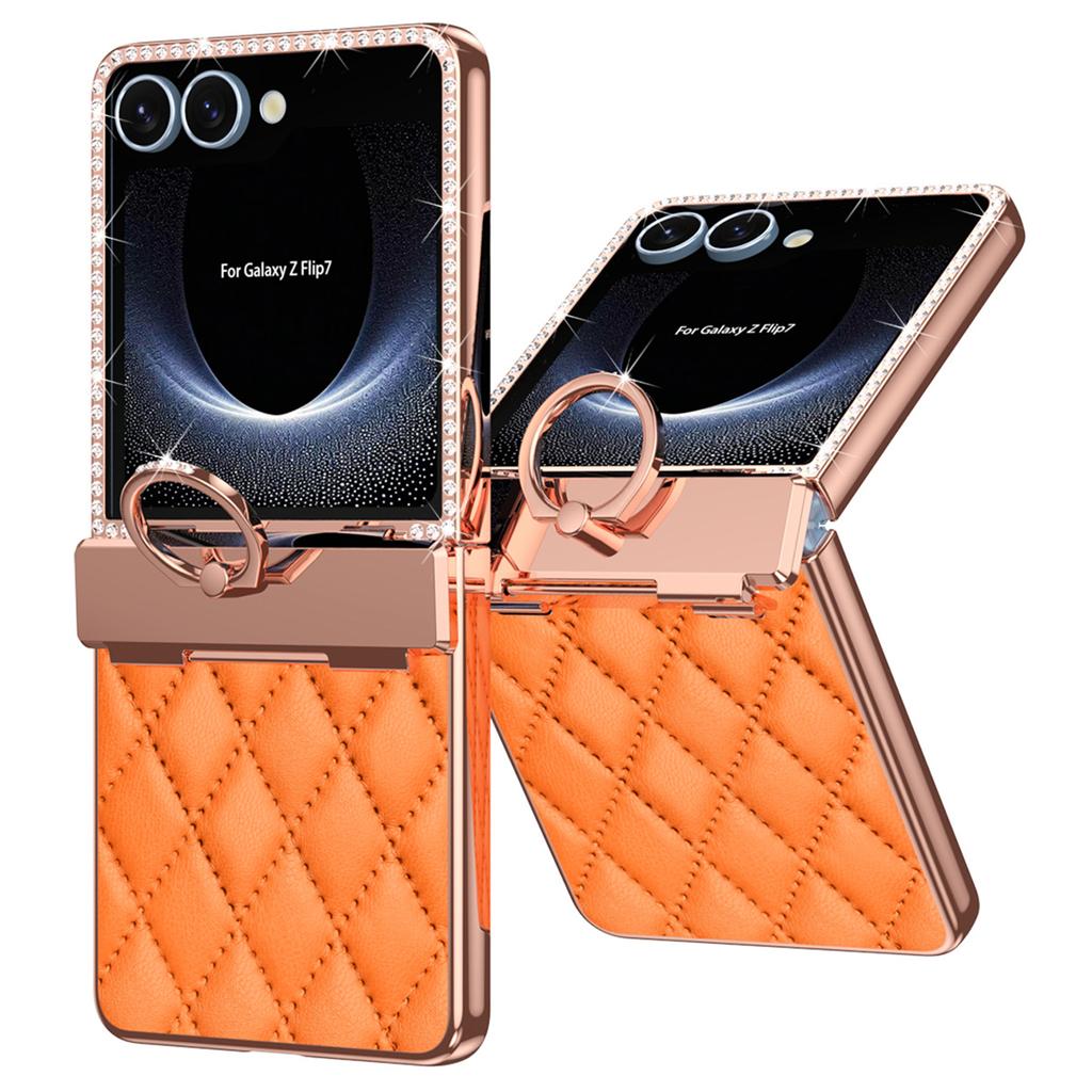 For Samsung Galaxy Z Flip7 5G Case Rhinestone Decoration Ring Holder Rhombus Leather + PC Phone Cover
