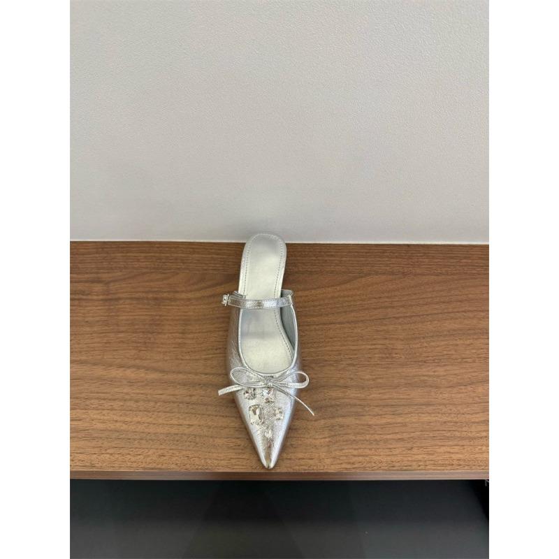 

Остроносые тапочки Наны женские на толстом каблуке, на среднем каблуке, полутапочки с бантом и стразами, сандалии с закрытым носком, полуподнос 40 серебряный