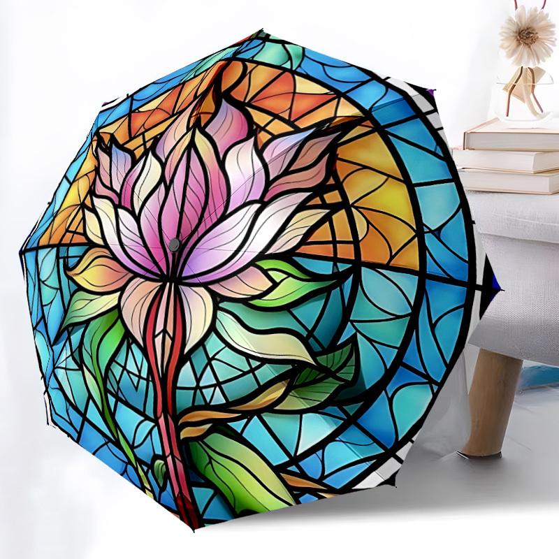 1 Stück Lotus Buntglas Automatisches Öffnen/Schließen Regenschirm Kompakter Faltregenschirm, Ganzjahres-Tragbarer Regenschirm für Damen/Herren F1124151