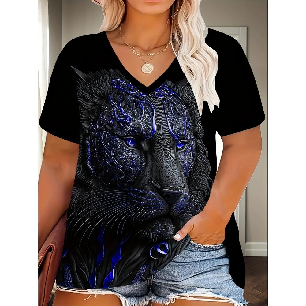 Summer Ladies Tiger Print Retro Fashion T-shirt Casual V-neck Women's Clothing