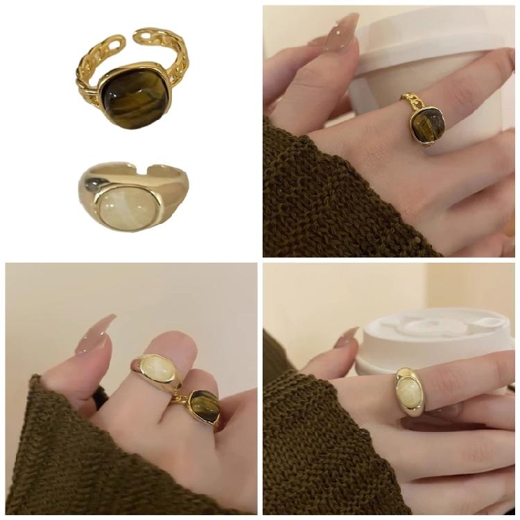 Retro Inspired Natural Stone Ring Opening Adjustable Rings for Women and Girls Stylish Everyday Wear Finger Accessories