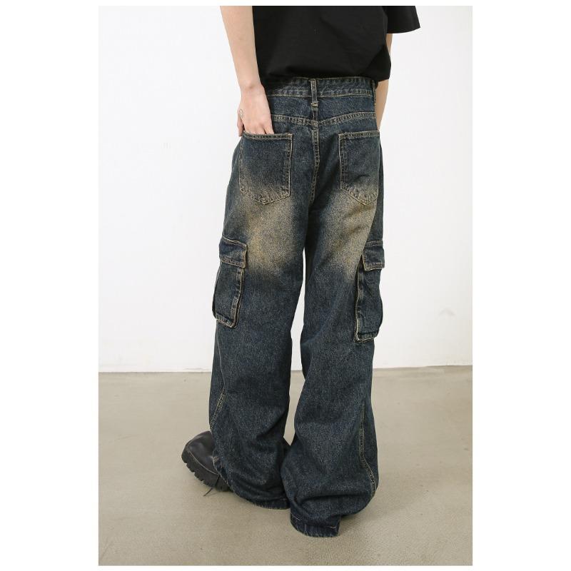 Long Trousers Versatile Washed Multi-pocket Design Sense of Work Jeans Men Senior Sense Pants