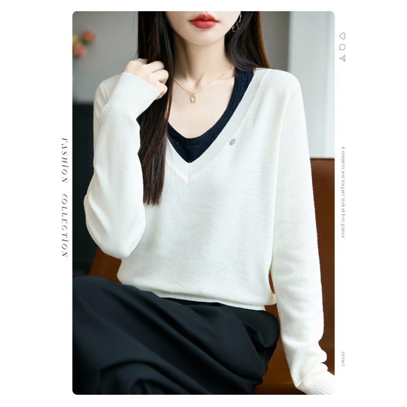 Women S V Neck Fake Two Piece Knit Sweater Long Sleeve Casual Top
