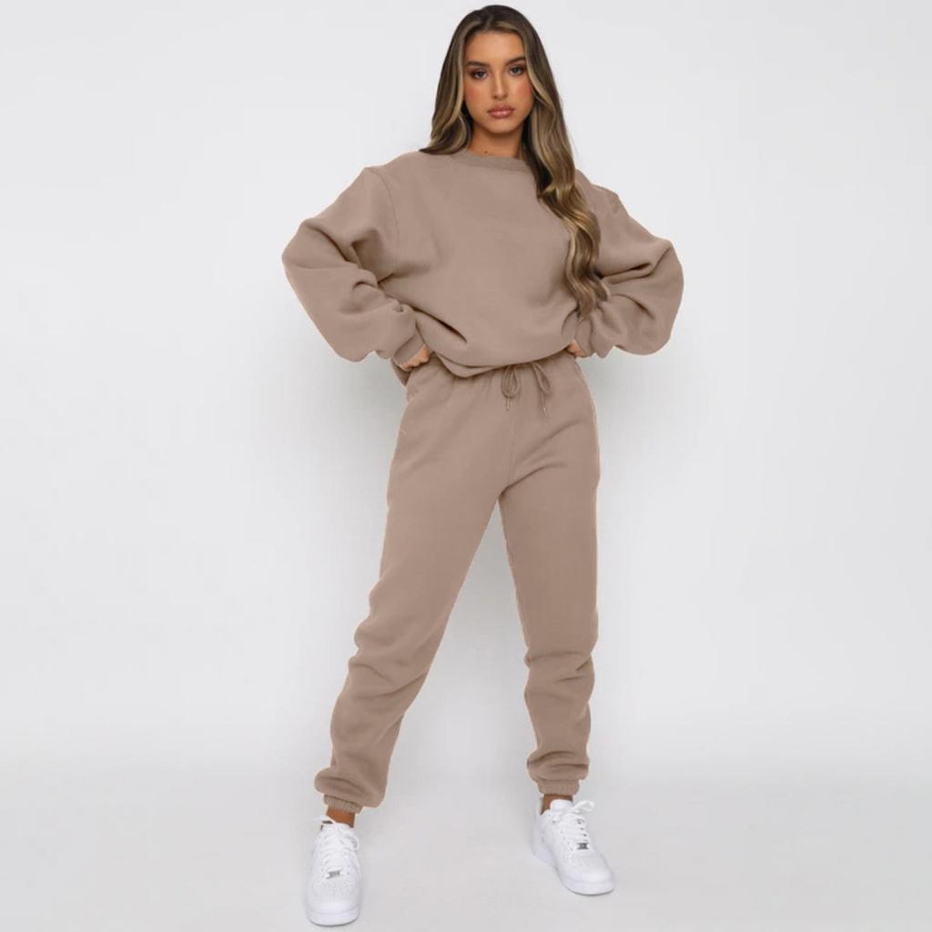 Europe, America, autumn and winter solid color round neck pullover trousers women's clothing, fashionable casual long-sleeved sweater set, spot