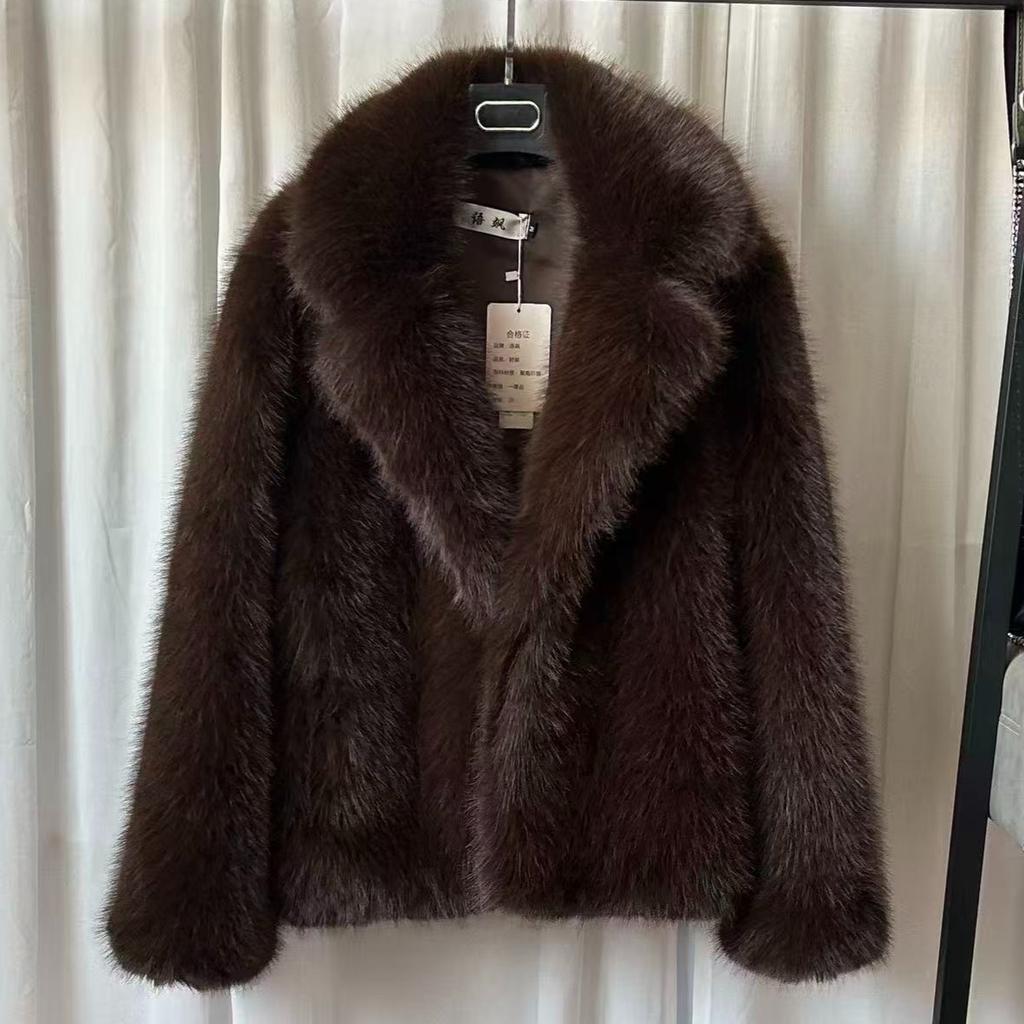 VAYLA Kunstfuchs Pelz Damenmäntel Uni Jacken Flauschig Revers Longsleeve Verdeckte Knöpfe Gerader Schnitt Freizeit Herbst Winter