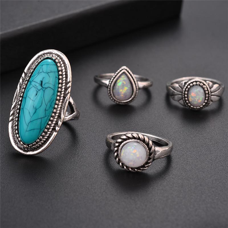 8PCS/Set Bohemian Women Silver Turquoise Finger Rings Opal Rings Wedding Gift