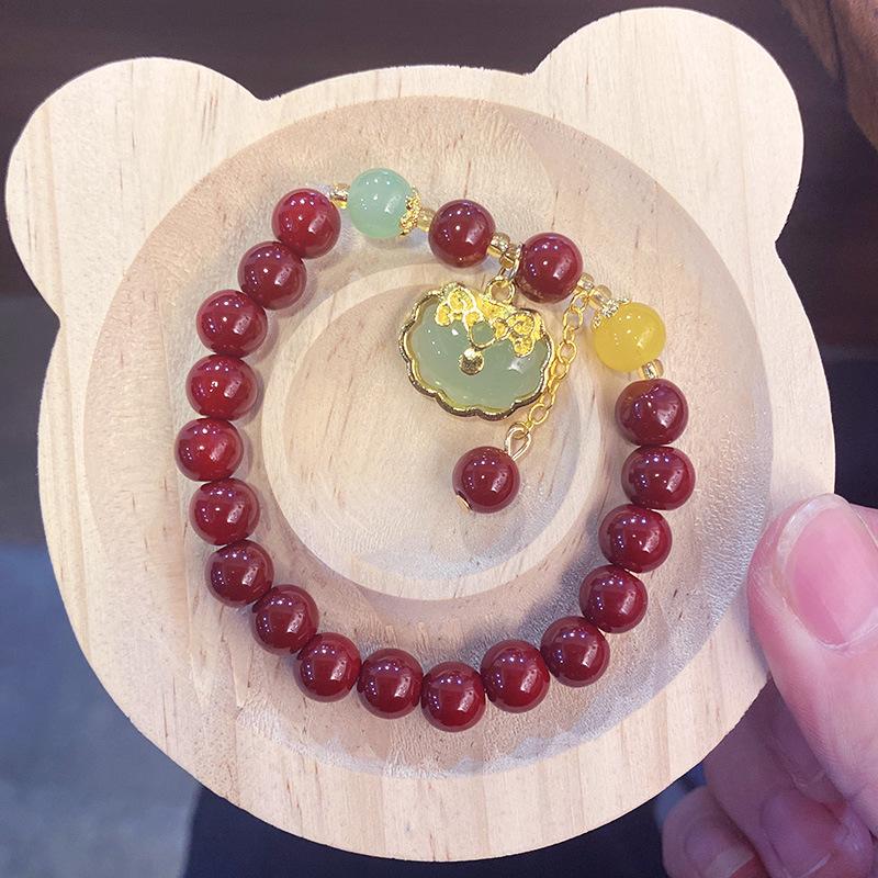 Imitation Cinnabar Beaded Bracelet with Four-Leaf Clover Charm - Ladies Night Market Jewelry