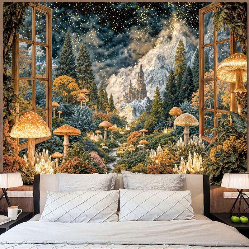Winter Window View Tapestry Wall Hanging Snowy Castle Giant Mushroom Aurora Aesthetic Wall Art Bedroom Dorm Decor