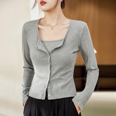 Früher Herbst Damen U-Ausschnitt Kleiner Cardigan Slim Einfach Dünn Kurzer Abschnitt Bottoming Langarm Top