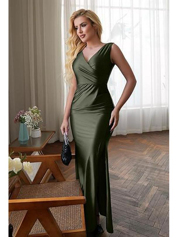 European & American Slim Fit Solid Color Satin Slit Dress