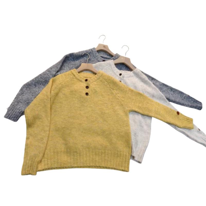 V-neck Solid Color Button Sweater for Women - 2026 Autumn/Winter Loose Knit Casual Pullover.
