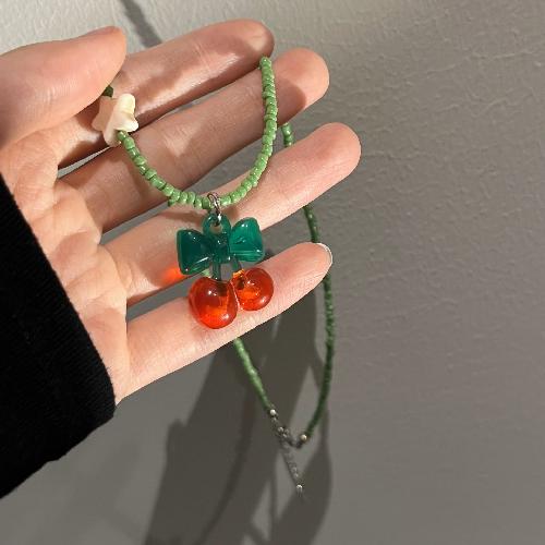 Korean Super Cute Strawberry Bead Necklace Sweet Y2k Green Fruit Cherry Collarbone Neck Chain Necklace for Women Fashion Jewelry