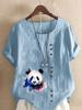 Women's Fashion Panda Print Round Neck Short Sleeve T-shirt Casual Cotton Linen Graphic Shirt Leisure Loose Summer Blouse Tops