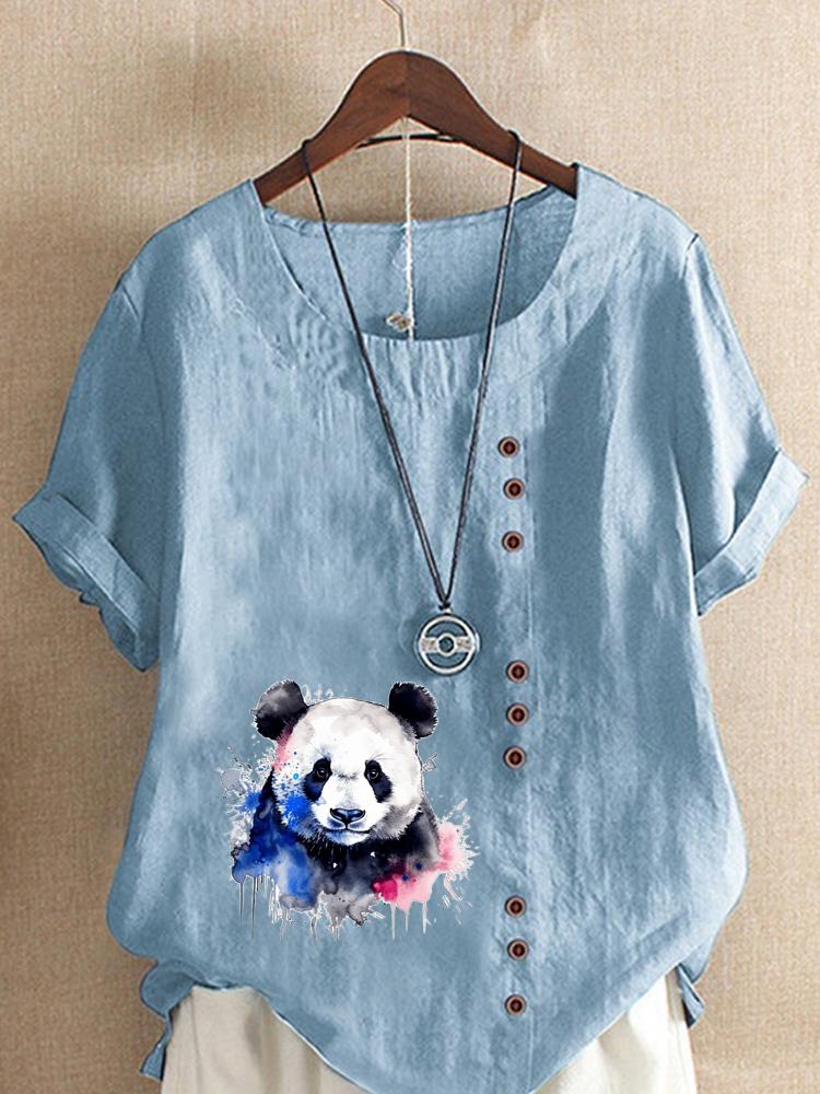 Women's Fashion Panda Print Round Neck Short Sleeve T-shirt Casual Cotton Linen Graphic Shirt Leisure Loose Summer Blouse Tops