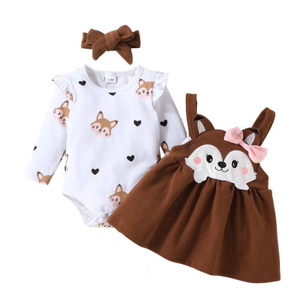 2023 Fall/Winter Baby & Toddler Fox Heart Print Long Sleeve Bodysuit with Bow Strap Dress Set