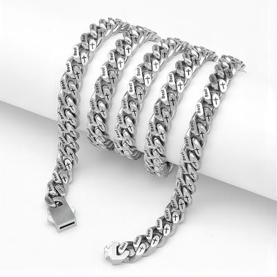 Hip Hop Titanium Steel Engraving Cuban Necklace Men's Brushed Necklace Stainless Steel Four-Sided Grinding Denim Chain Figaro Necklace