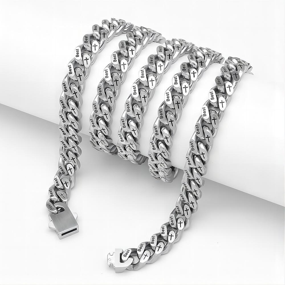 Hip Hop Titanium Steel Engraving Cuban Necklace Men's Brushed Necklace Stainless Steel Four-Sided Grinding Denim Chain Figaro Necklace