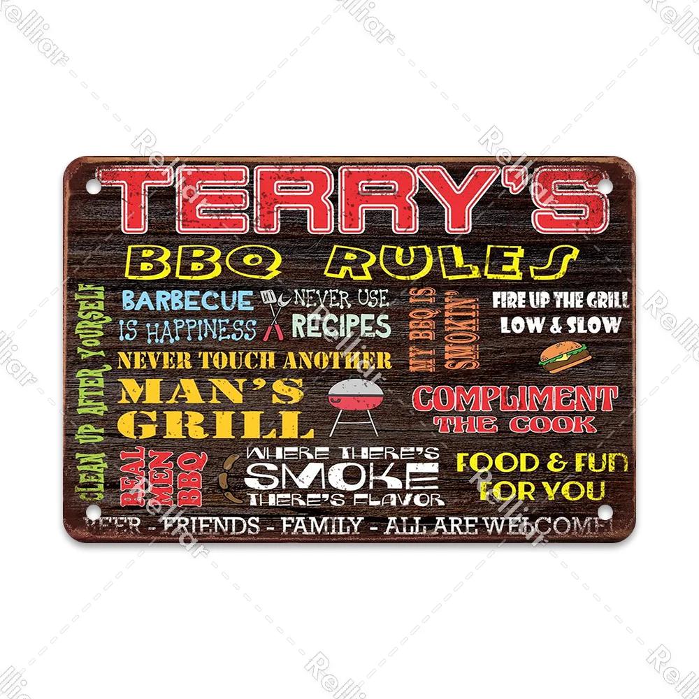 BBQ Party Metal Tin Plaque Retro Yard Garden Wall Decoration Signs Marked Barbecue Rules Slogan Plate Vintage Grill Poster