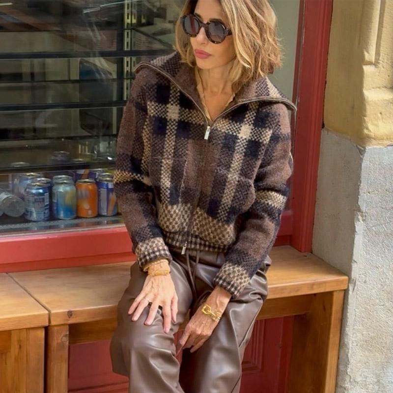Giacca a Quadri Cappotto Donna Elegante Cerniera Maglione Lavorato a Maglia Revers Tasca Casual Ispessito Top Capospalla Quotidiano Autunno Inverno
