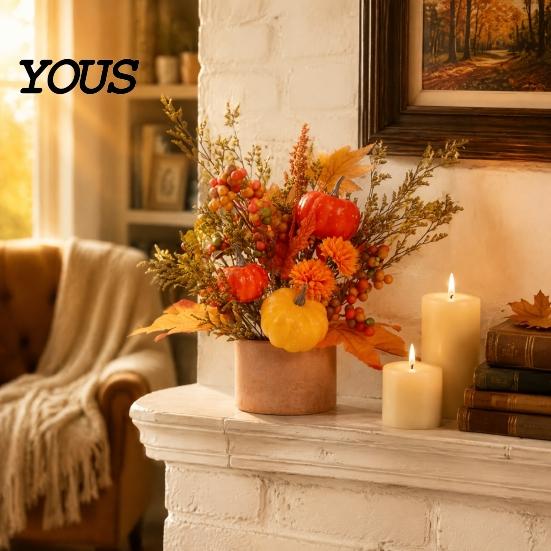 Small Potted Plant for Fireplace Fall Pumpkin Flower Arrangement, Artificial Maple Berry Halloween Indoor Decoration Thanksgiving, Harvest Home