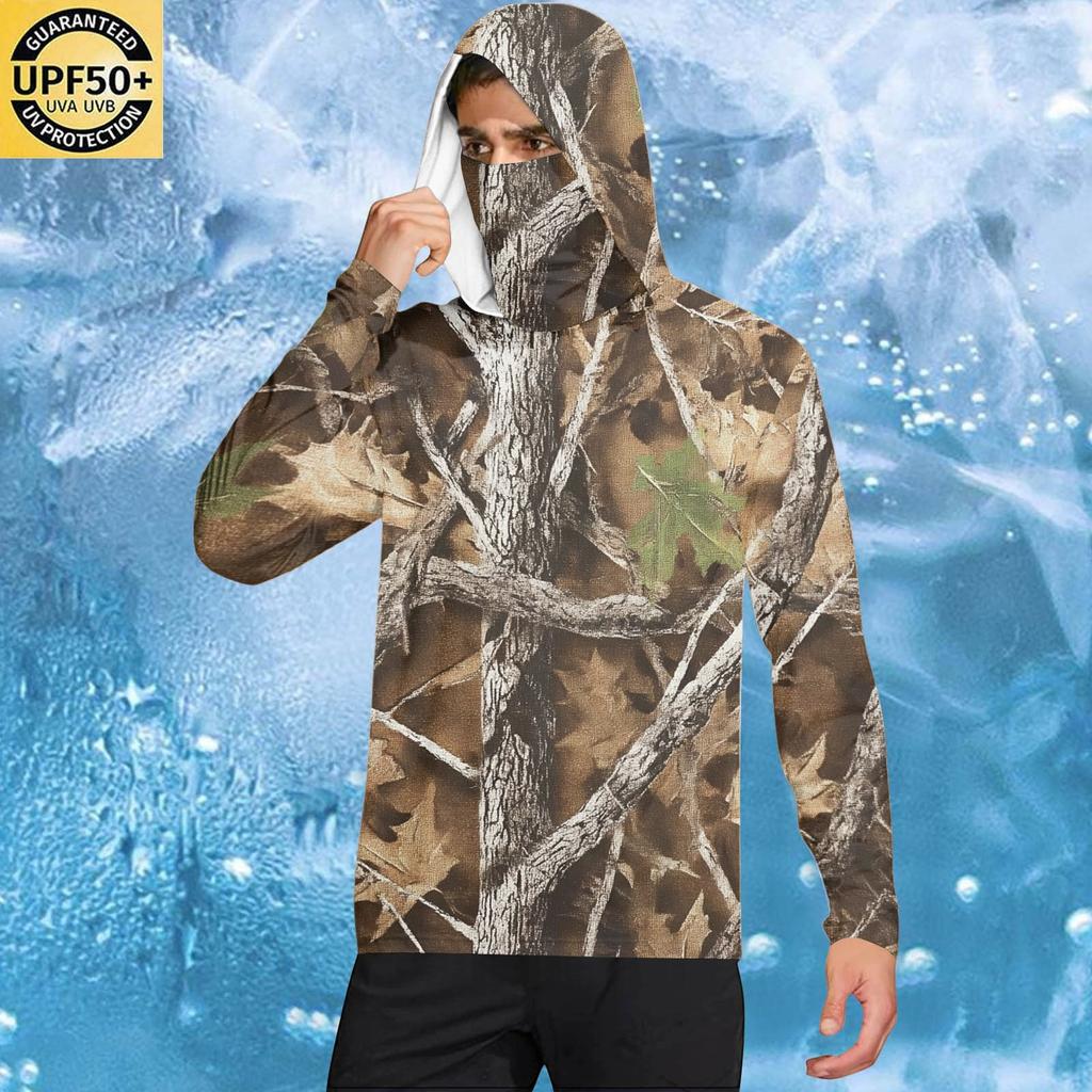 Men's Casual Leaf Camouflage Print Hooded Long Sleeve Sun Protection Jacket Lightweight Breathable Outdoor Sportswear