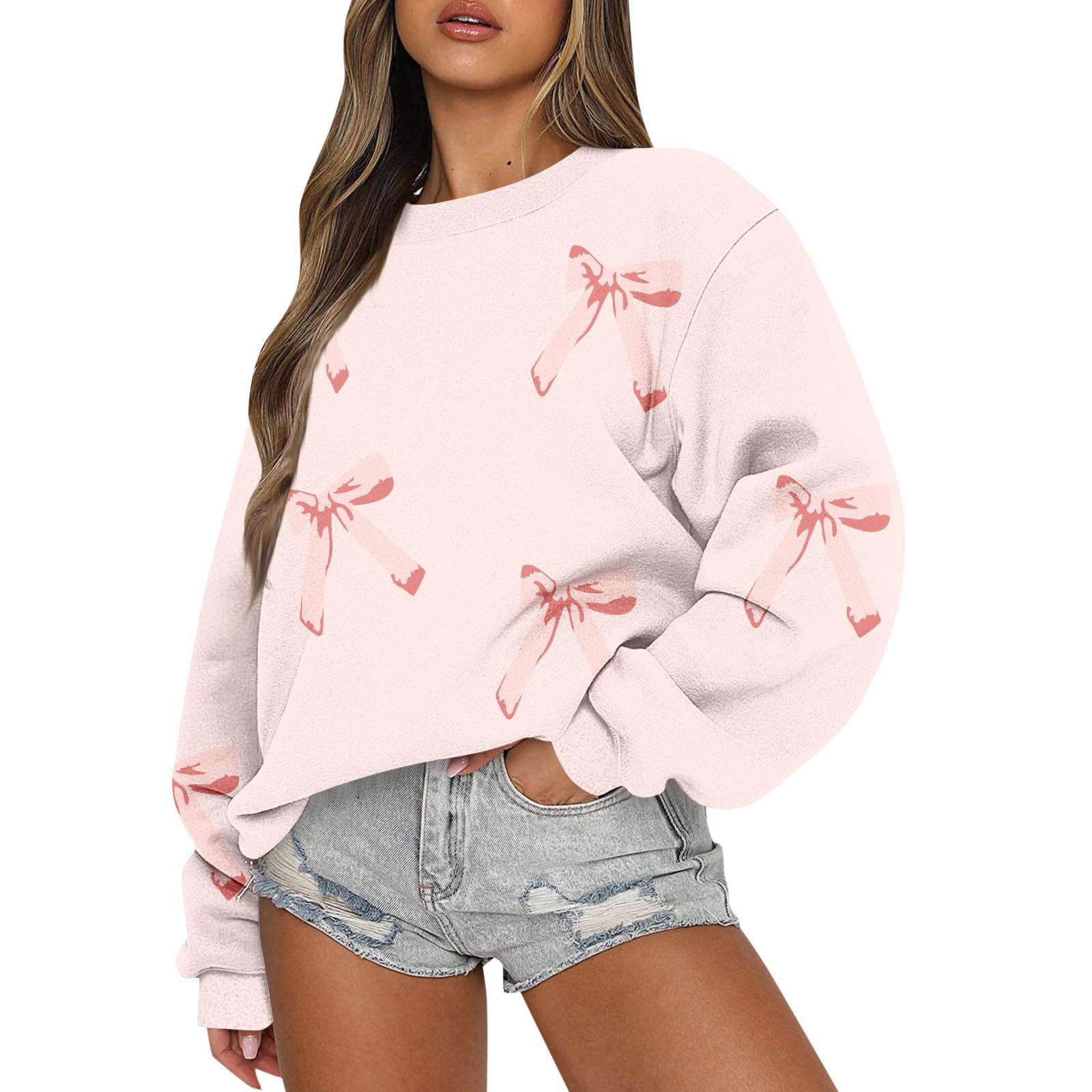 

Женские топы Женский свитшот с длинным рукавом Повседневный с круглым вырезом Свободного кроя Пуловер Флисовые топы XL розовый