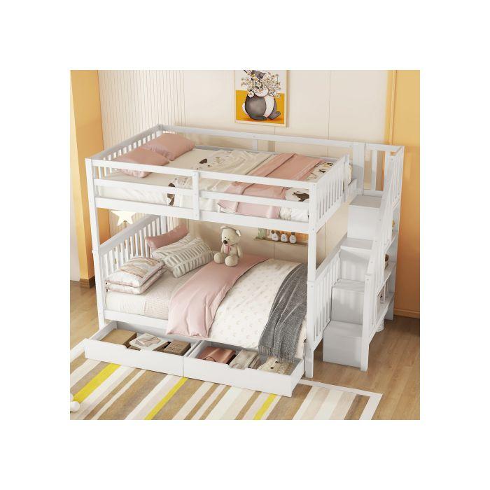 Lit superposé - MUVOE - 140x200cm - Blanc - Étagère d'escalier - 2 tiroirs