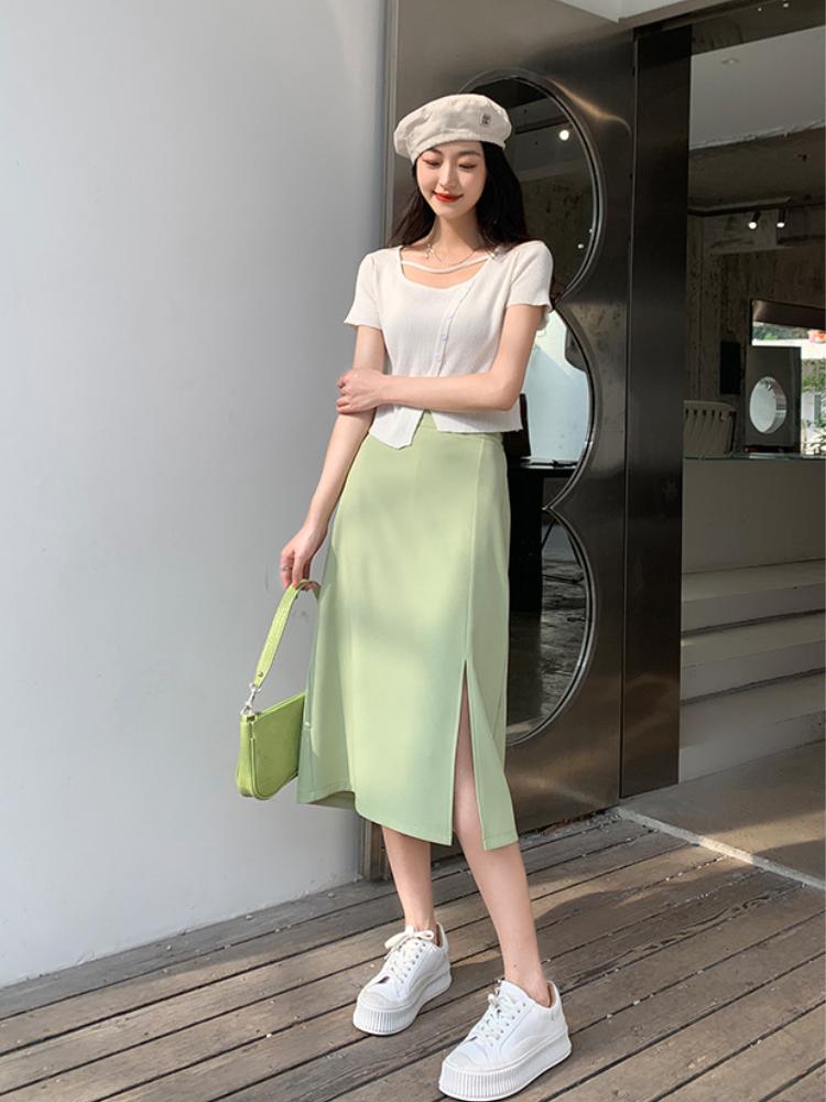 Women Side Slit Midi Skirt Summer High-waisted A Line Skirt Design Female Korean Style Casual Fashion