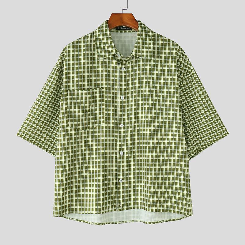 

INCERUN Мужские рубашки свободного покроя с отложным воротником и коротким рукавом в клетку 2XL