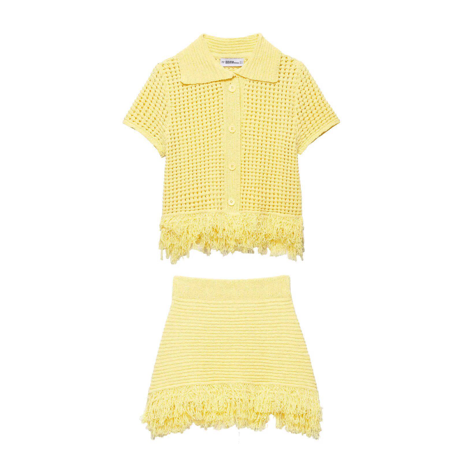 

European & American Women s Tassel Plaid Knit Cardigan + Skirt Set Small