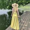 Yellow Plaid V-neck Neck Sling Dress Women's Summer Dopamine Beautiful Slim Fit Gentle Vacation Style Dress