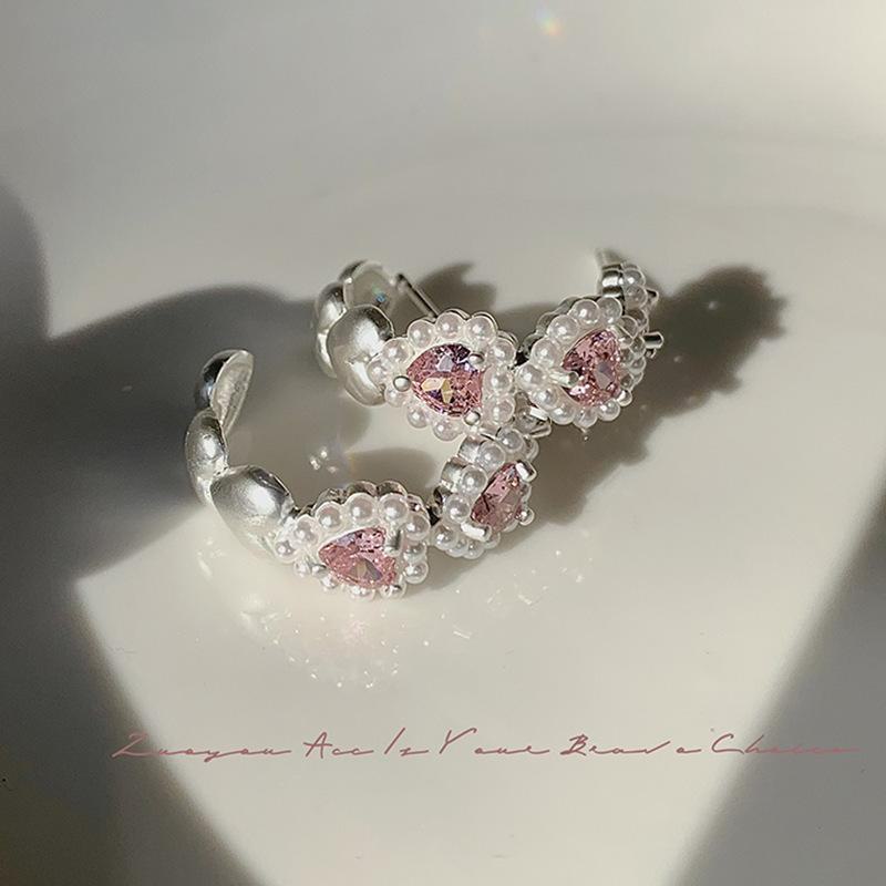 Sweet Pink Heart Zircon Pearl Earrings for Women - Versatile, Fashionable, & Girly Design