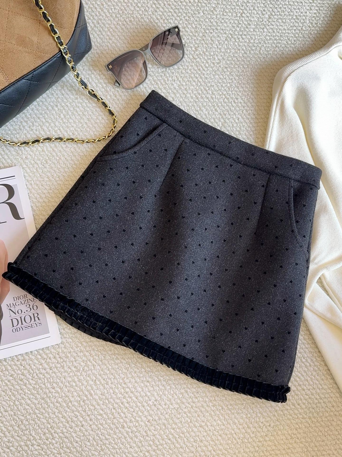 Retro Polka Dot Woolen A-Line High-Waist Skirt - Autumn/Winter Women s Slim Fit Large чёрный