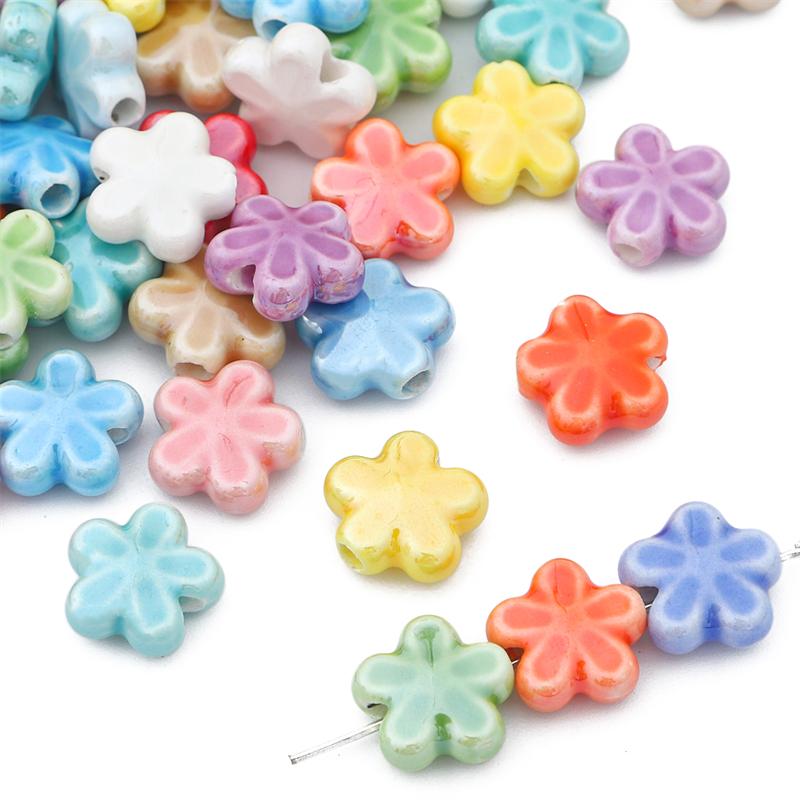 10pcs/Bag 12mm Handmade Colorful Flower Shape Ceramic Charm Beads Porcelain Spacer Beads for Bracelet Necklaces DIY Jewerlry Craft Making