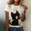 Camiseta feminina casual de verão, gola redonda, manga curta, estampa de gato fofo, blusa solta, meia manga, tendência da moda, roupas, camiseta feminina